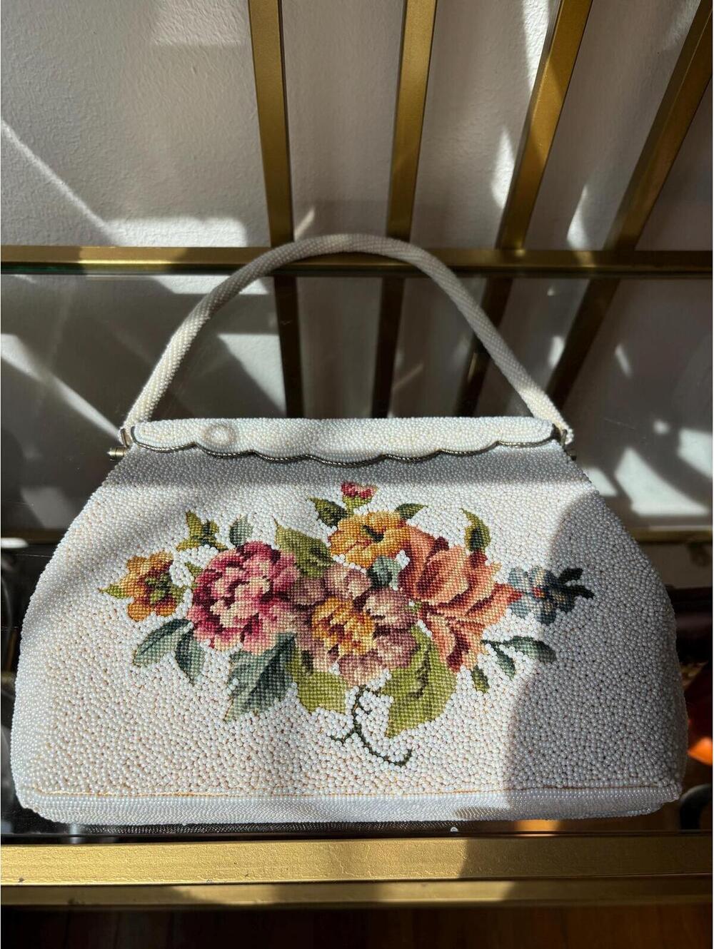 Vintage 1950s Micro Beaded Floral Tapestry Handbag